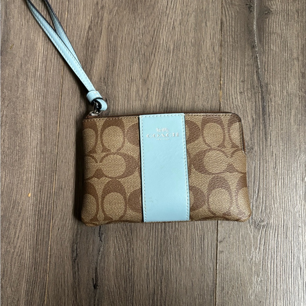 Coach Signature Brown and Light Blue Wristlet